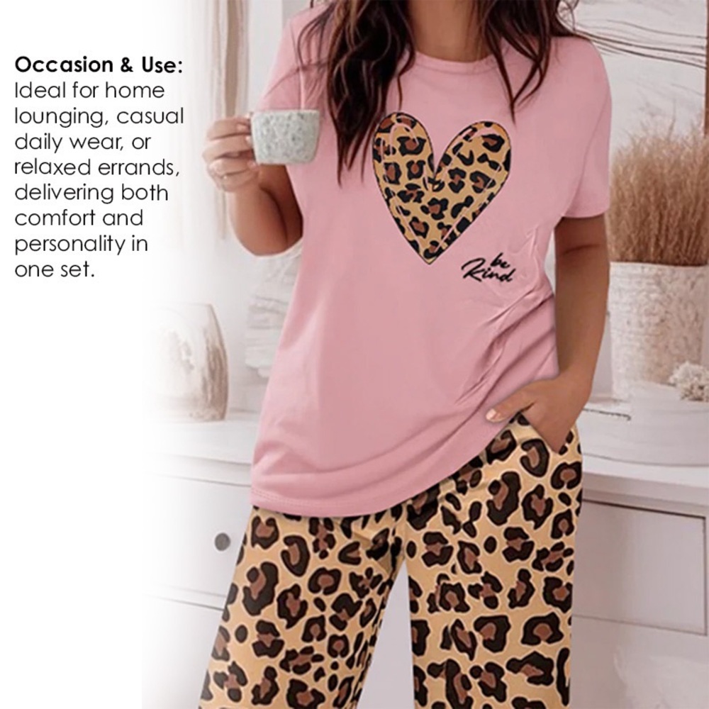 Chic Pink and Brown Leopard Heart Pajama Set - Picture 4 of 10